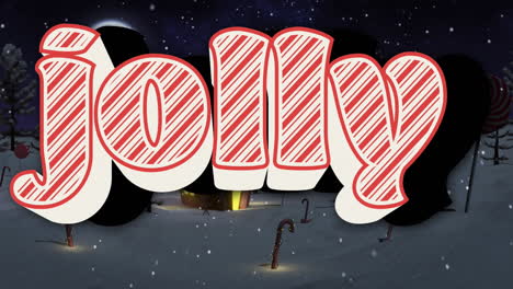 animation of christmas holly text over snow falling and candy canes in winter scenery