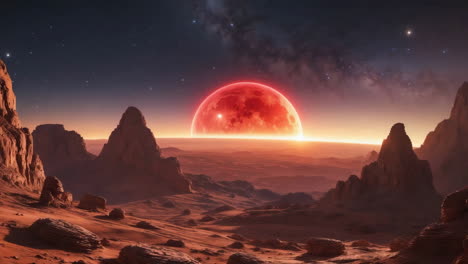 Red Planet Setting Over an Alien Desert Landscape