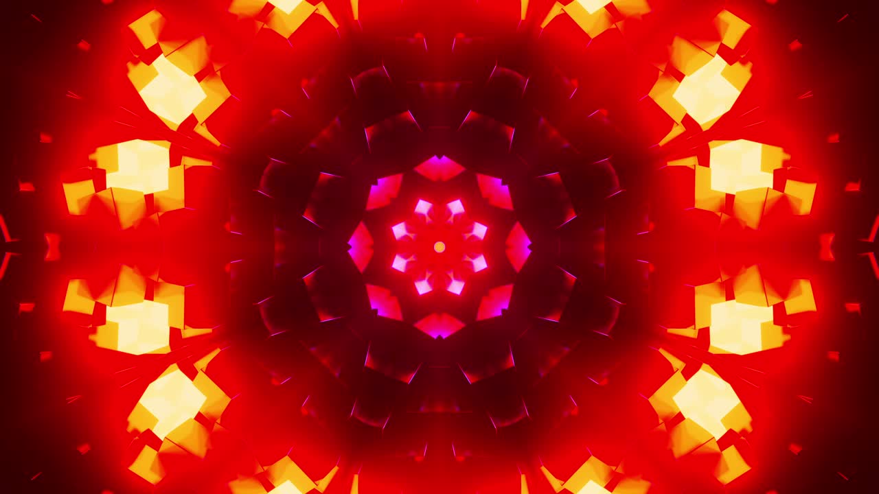 파란색과 빨간색의 불빛을 가진 다채로운 추상적인 패턴, 칼레이도스코프 vj 루프
