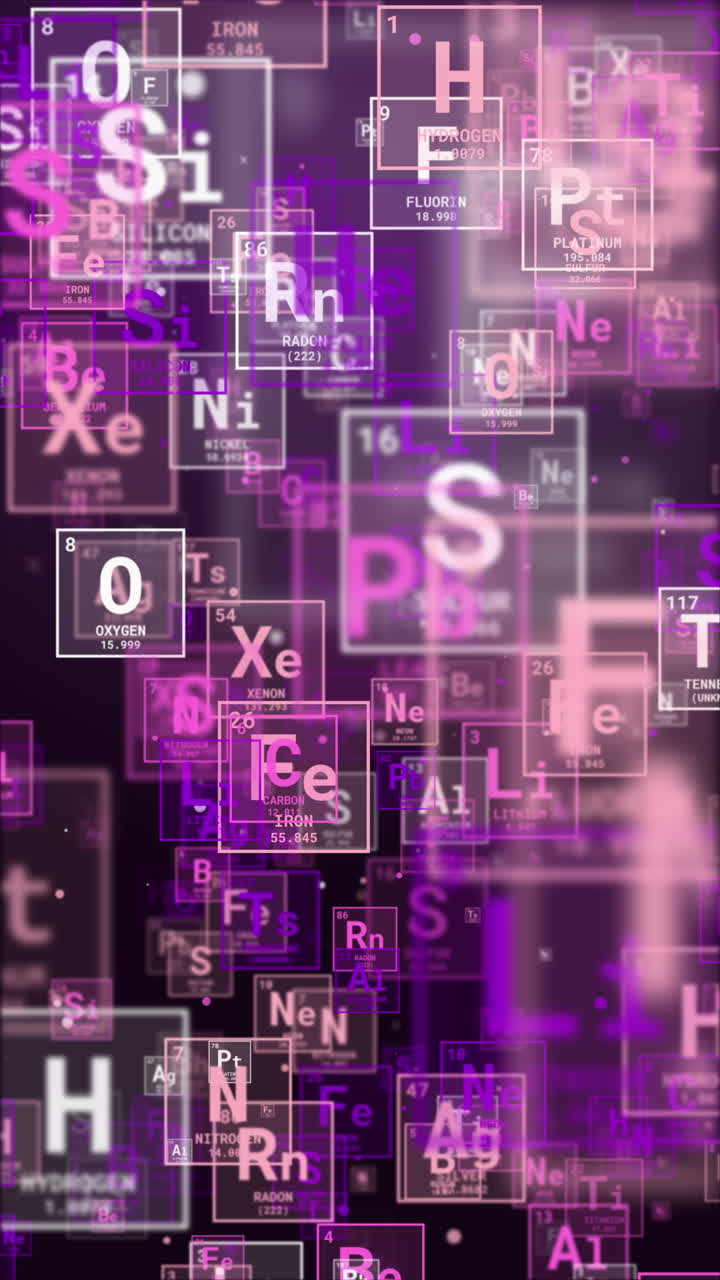 Flying icons of chemical elements. Animated looped purple learning background for school. Vertical video.