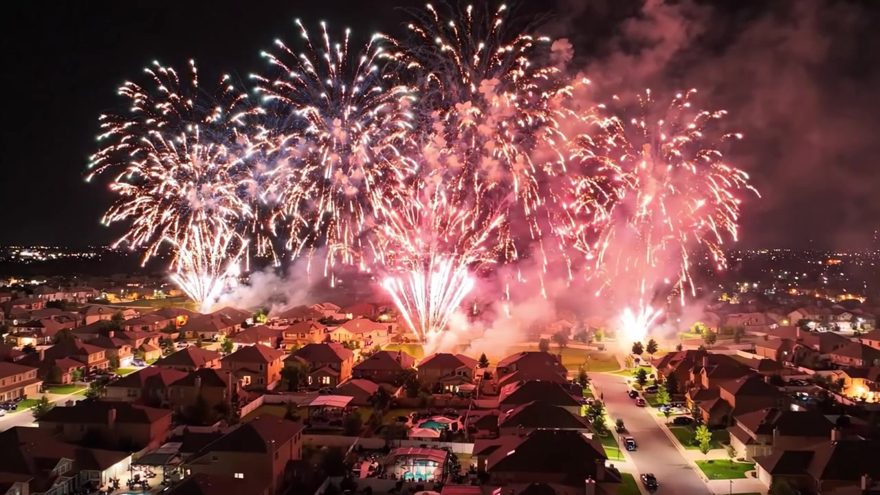 Spettacolare esibizione aerea di fuochi d'artificio colorati che illuminano un quartiere residenziale contro un cielo notturno scuro, catturata in due fotogrammi mozzafiato.