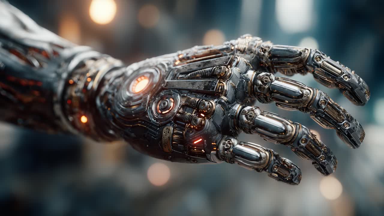 Close-Up of a Highly Detailed Robotic Hand Featuring Complex Mechanical Design Elements and Illuminated Components Captured in a Futuristic Environment