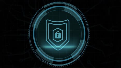 Animation-of-digital-shield-in-circle-and-cyber-security-on-black-background