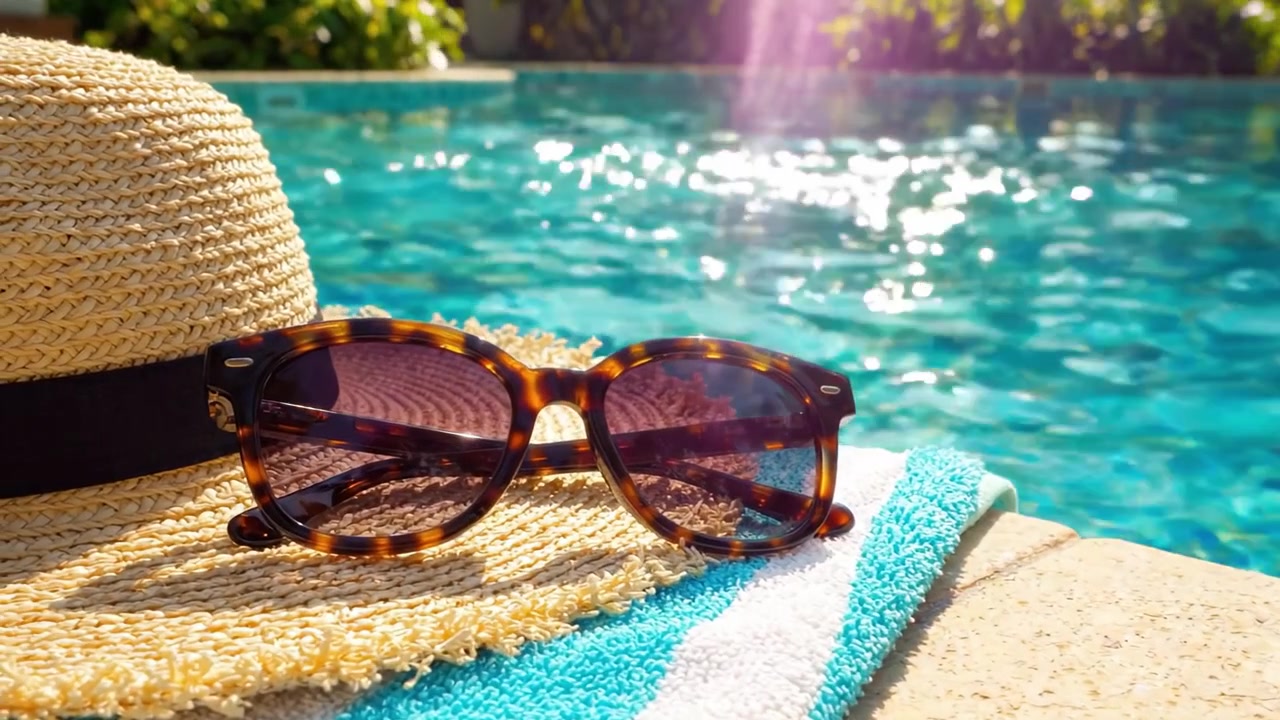 Entspannende Sommerstimmung: Stylische Sonnenbrille und ein gemütlicher Strohhut am ruhigen Poolrand, perfekt, um warme Tage unter der Sonne zu genießen