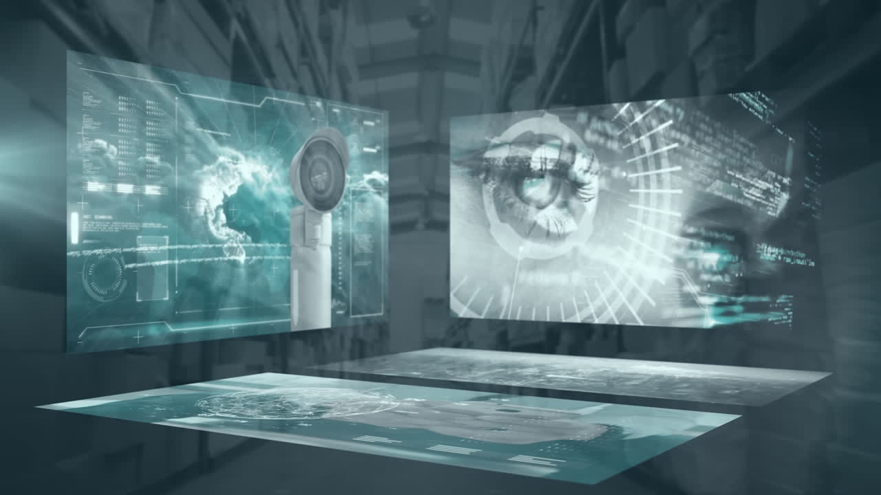 창고 위의 화면과 보안 카메라에 있는 데이터의 애니메이션