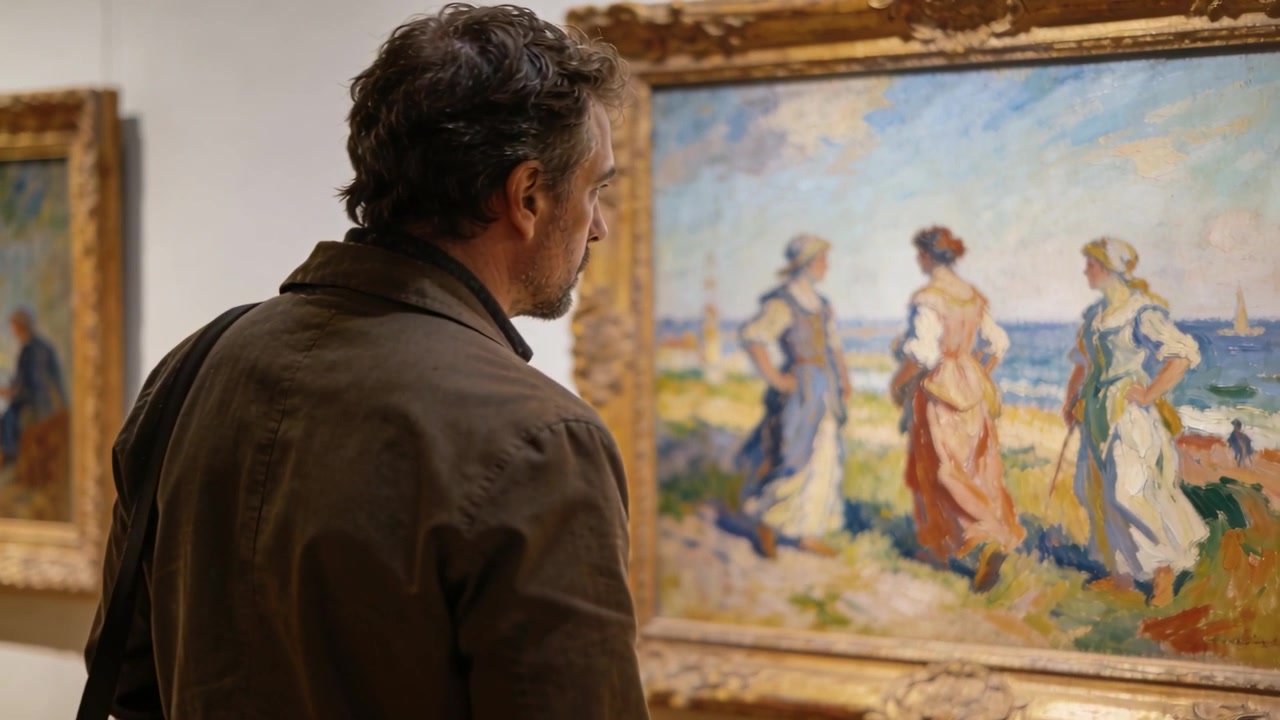 Kahverengi ceketli bir adam, bir galeri ortamında omuz çantasıyla eğilmiş, deniz temalı bir sanat eserinin detaylarını inceliyor, kopyalama alanı mevcut.