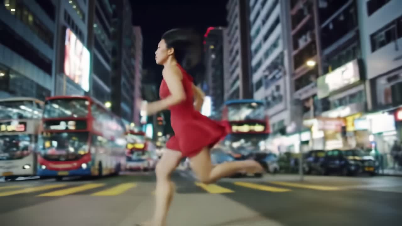 A Woman in a Red Dress Running Through a Vibrant City Streetscape at Night, Capturing the Essence of Urban Energy and Movement