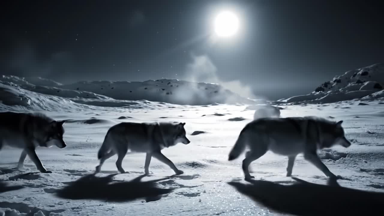 A Mysterious Pack of Wolves Elegantly Strolls Under a Bright Full Moon in a Frosty Snow-Laden Landscape, Creating an Enigmatic Atmosphere of Nature's Raw Beauty