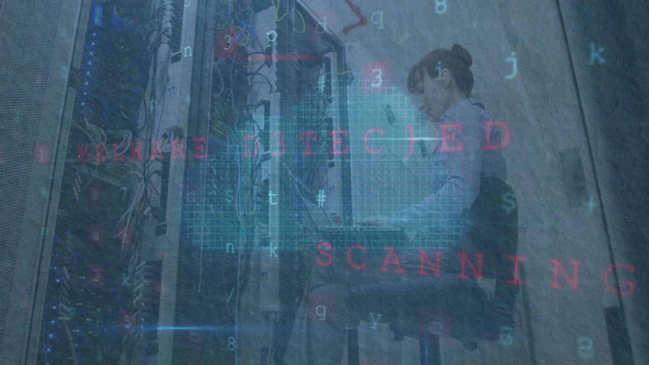 IT engineer connecting cable and tapping device generating holographic code and activating firewall