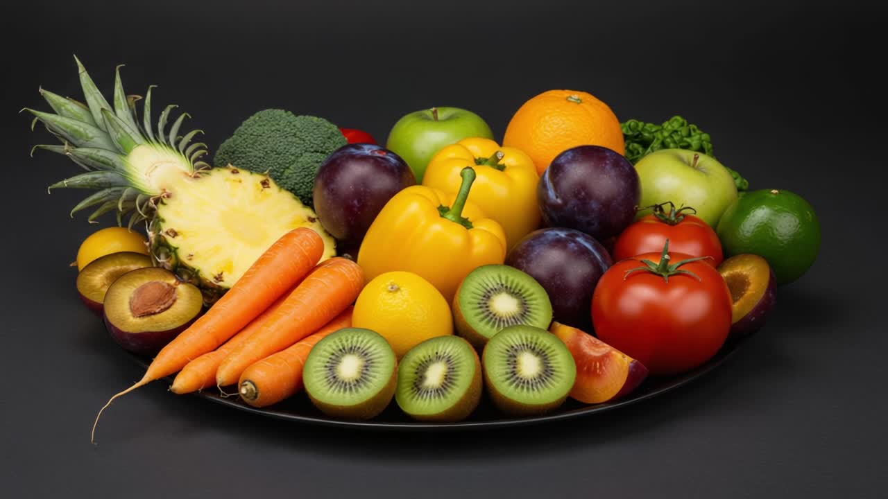 A Vibrant Display of Fresh Fruits and Vegetables Showcasing a Rainbow of Colors and Varieties, Perfectly Arranged on a Black Background for an Eye-Catching Presentation