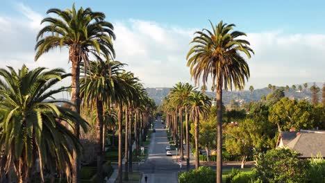 Hollywood-Sign-View-From-Windsor-Neighborhood,-Aerial-View-of-Landmark-and-Street-With-Palm-Trees,-Los-Angeles-CA-USA