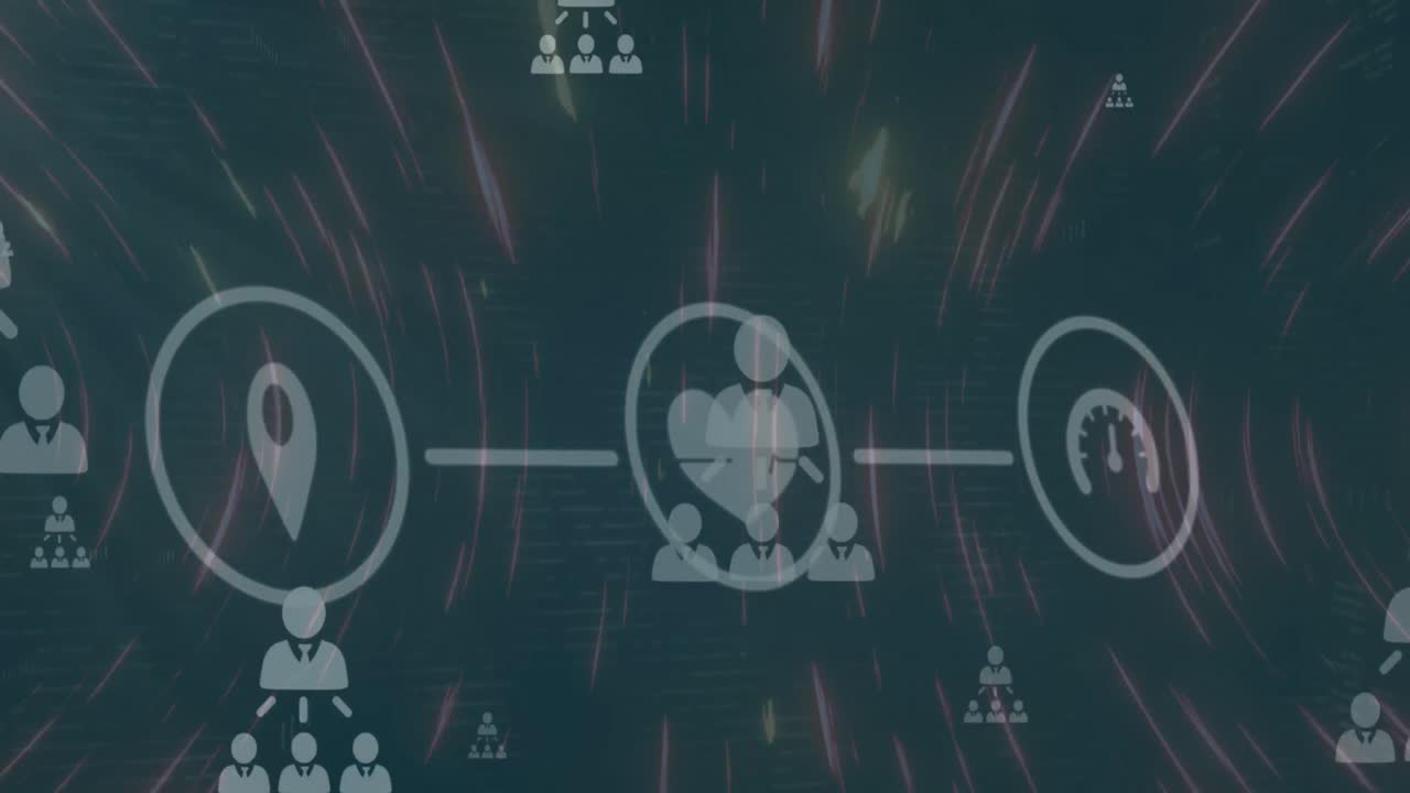 animación de diagramas de flujo e iconos de perfil sobre un patrón abstracto circular contra un fondo abstracto