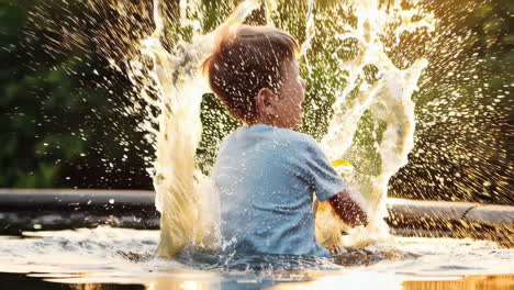 a young boy playing in water at sunset
