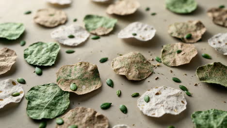 dynamic display of green and brown seed paper with scattered seeds