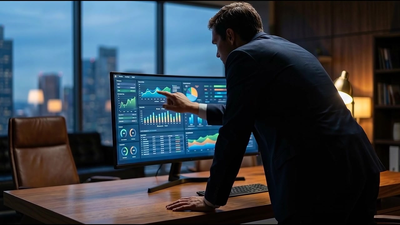 Businessman Analyzing Financial Data on Computer in Modern Office at Night