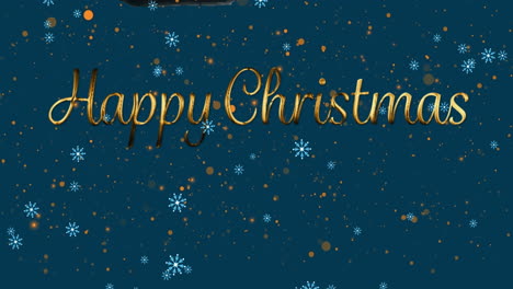 Animation-of-snowflakes-falling-over-happy-christmas-text-banner-and-yellow-spots-on-blue-background