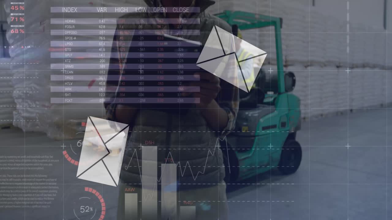 Animation of financial data processing with envelope icons over african american worker in warehouse