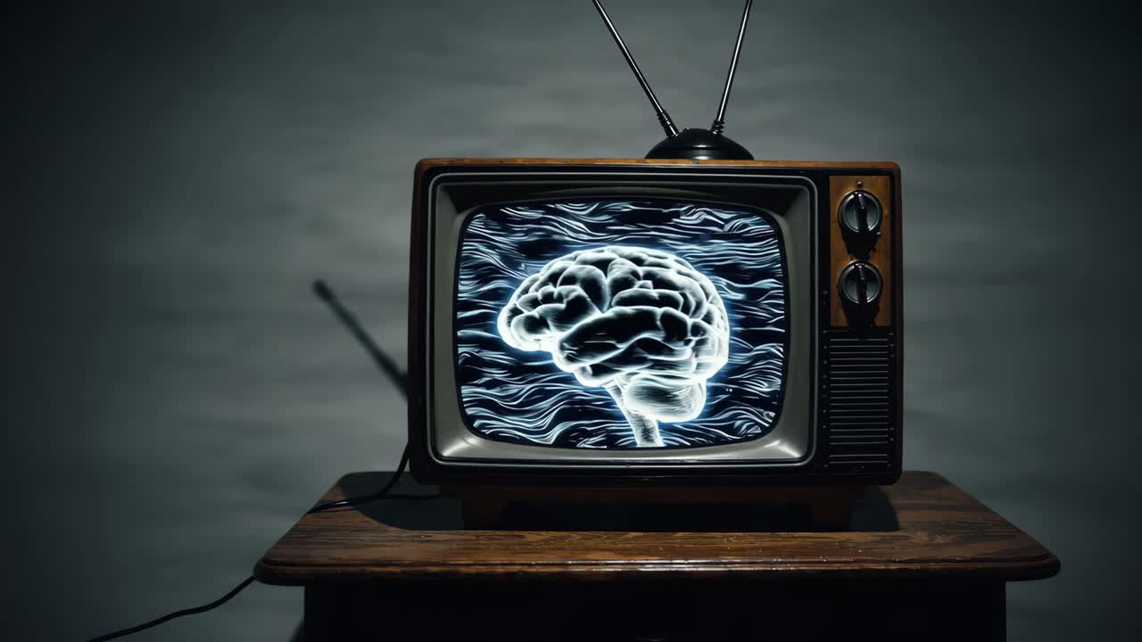 tv vintage con una imagen del cerebro