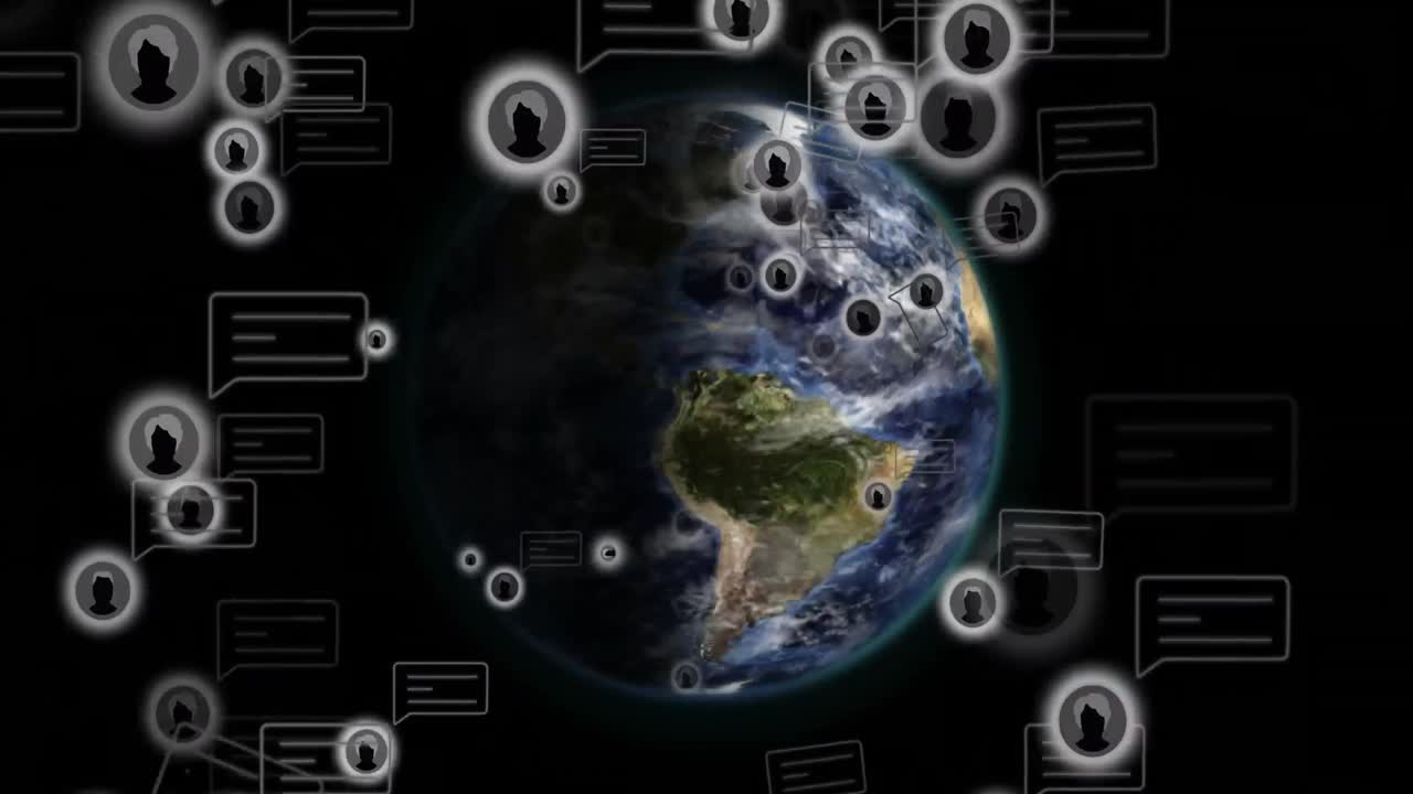 animación de íconos de perfil y mensajes alrededor del globo girando sobre fondo negro