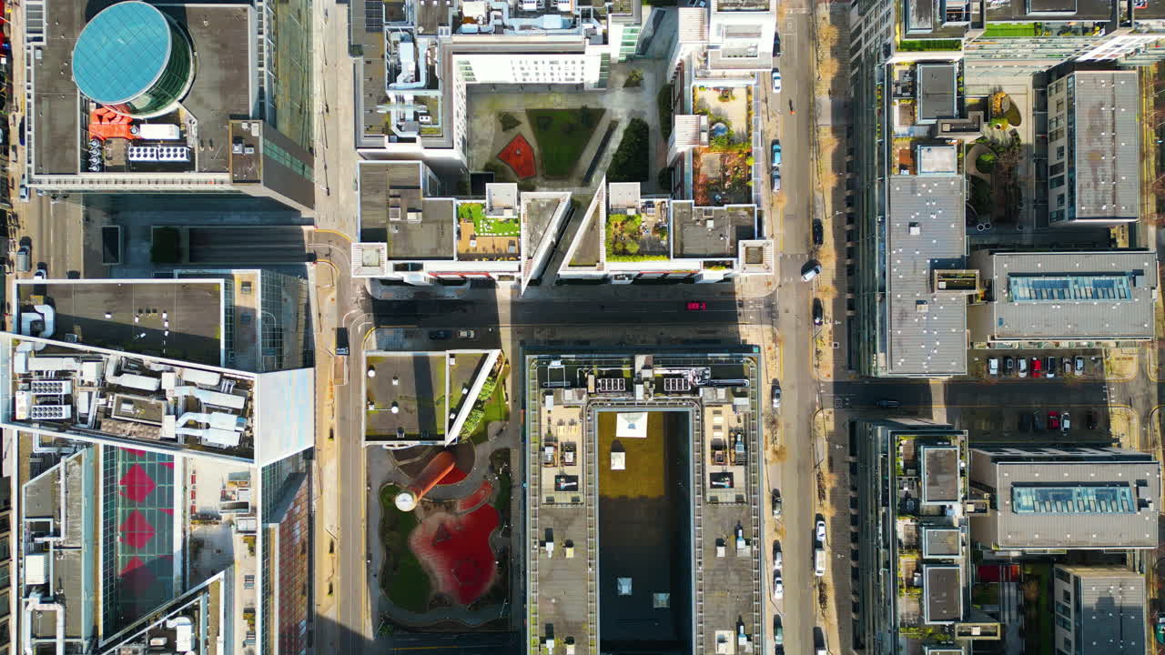 Aerial drone view of Dublin's Grand Canal Dock and surrounding modern architecture in the Docklands area