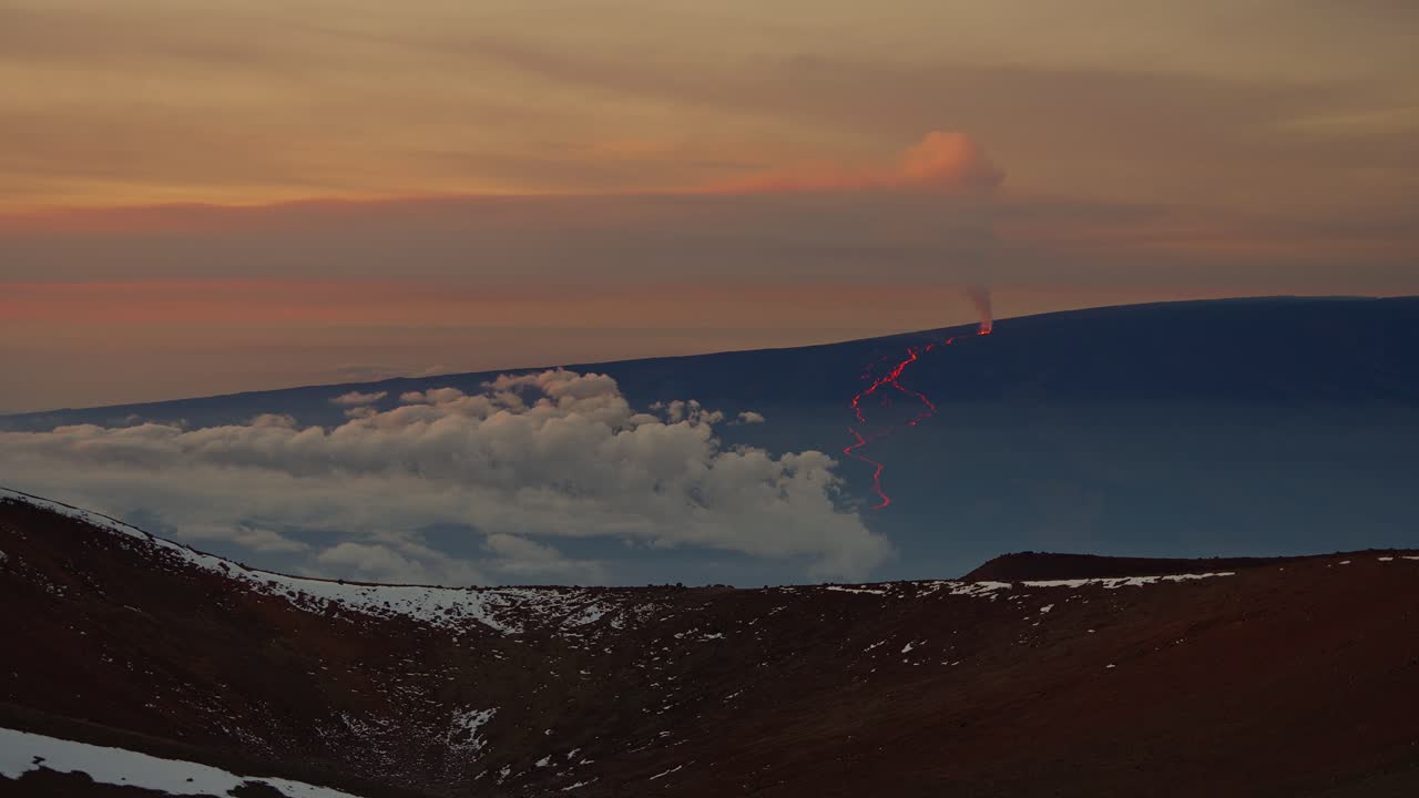 눈과 구름이 있는 마우나 케아 전망대에서 본 마우나 로아 분화