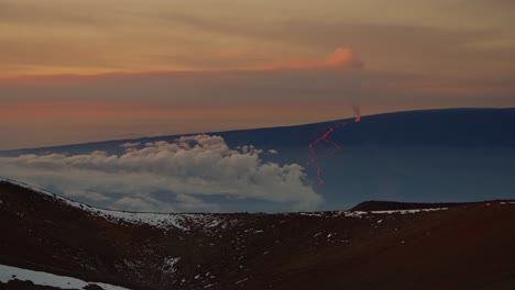 mauna loa eruption viewed from mauna kea observatory with snow and clouds