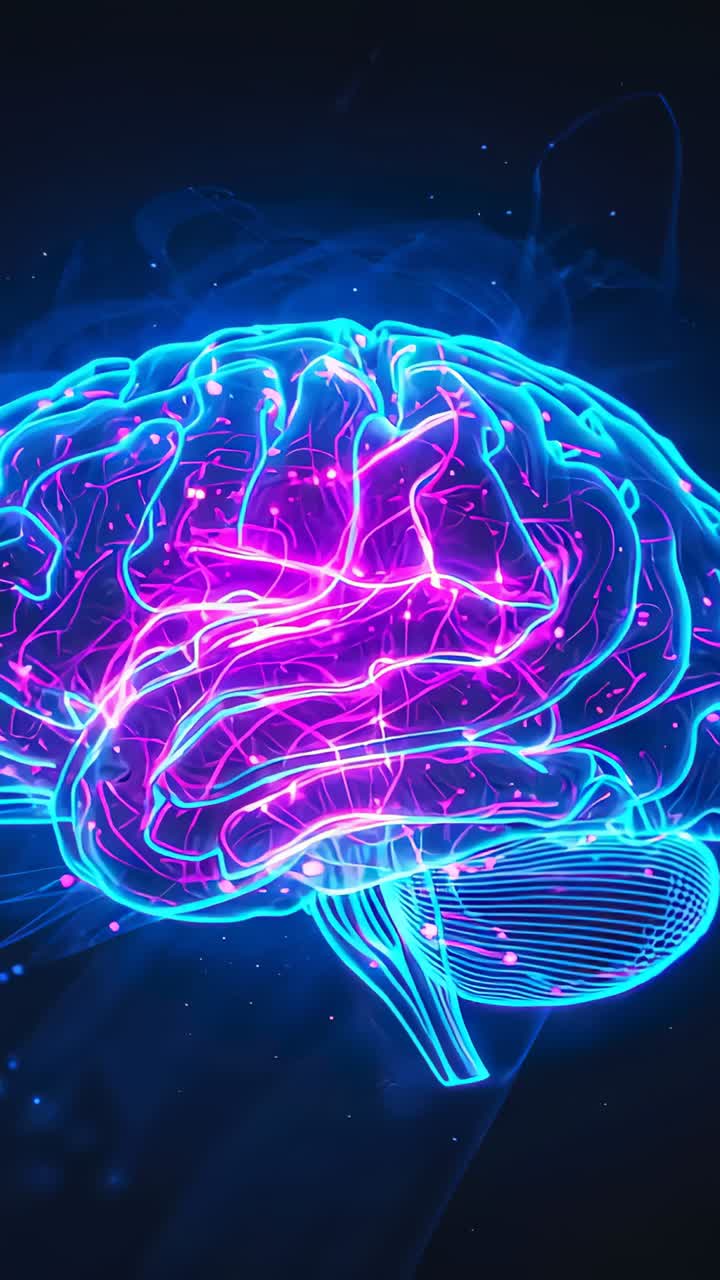 Vertical video: Shot animating neon brain pulsing filaments in dark void, showing neural activity