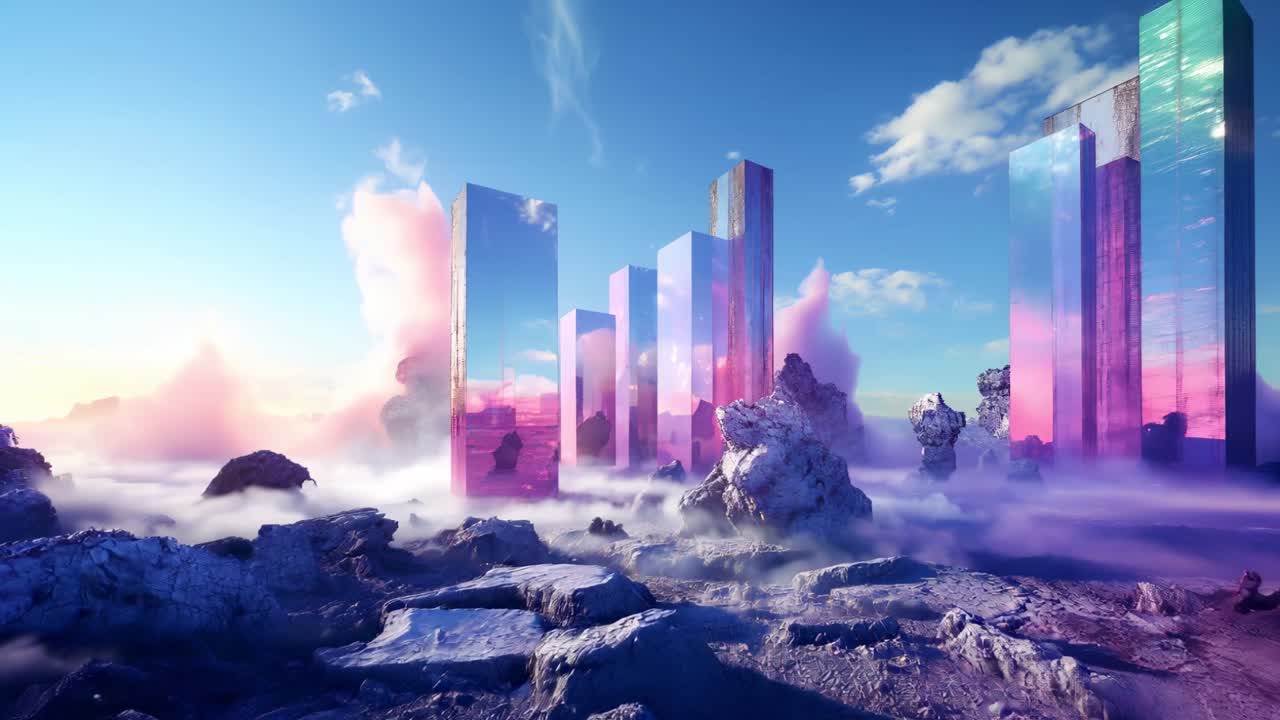 Futuristic Cityscape with Reflective Skyscrapers Amidst Pink and Purple Clouds