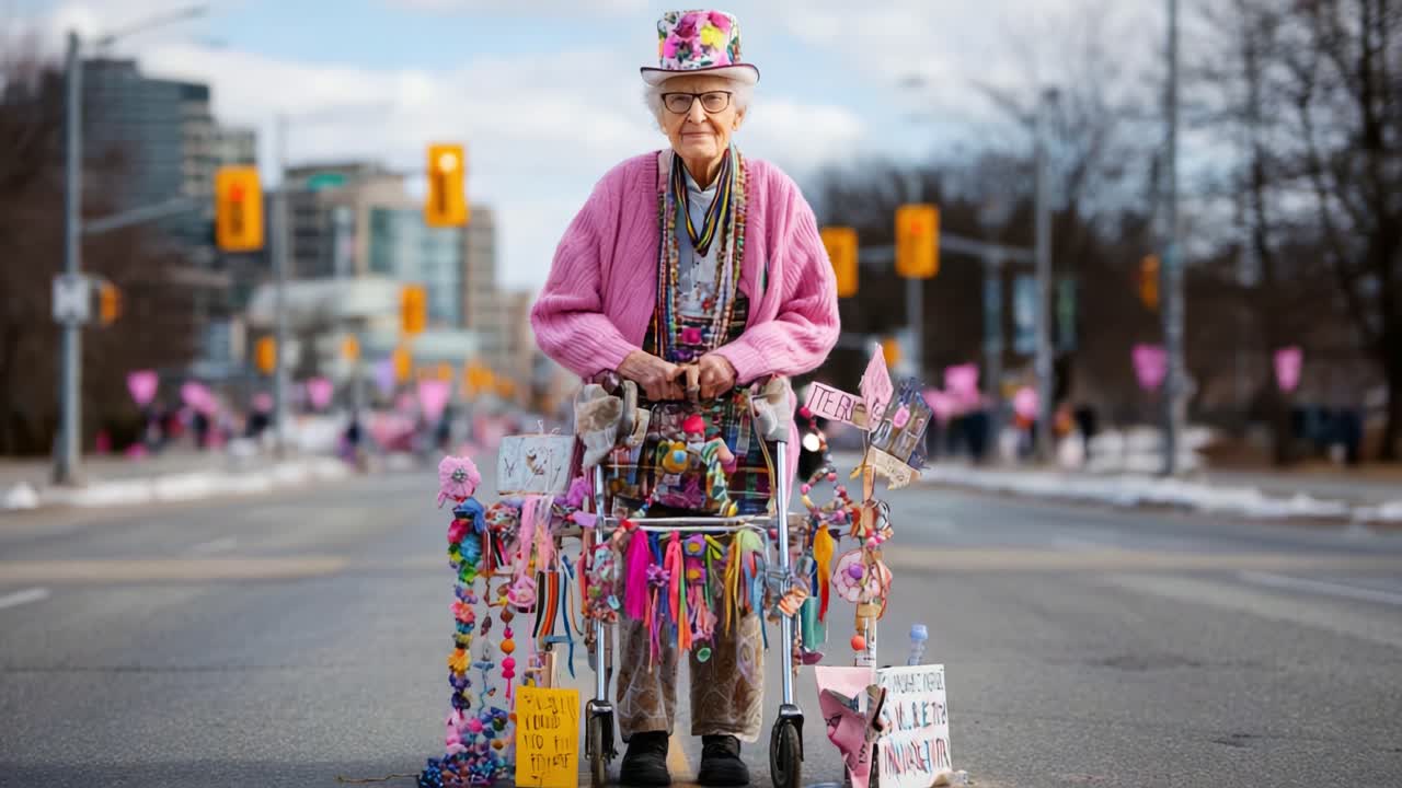 Vibrant Elderly Woman Embraces Joyful Spirit in Colorful Attire, Captivating Passersby with Unique Style and Artful Accessories While Standing Confidently in Urban Setting