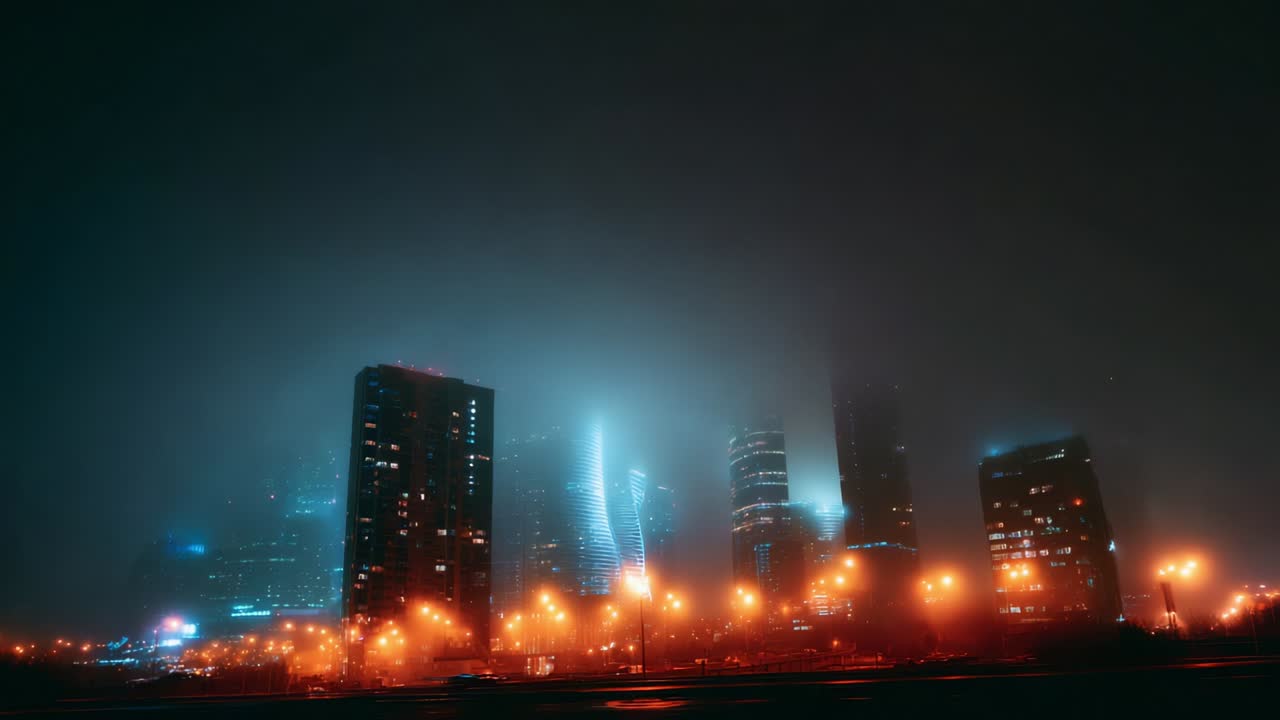 Mysterious Cityscape at Night Shrouded in Fog: An Enigmatic Urban Horizon with Shimmering Lights and Towers Peering Through the Mist, Creating a Dreamlike and Ethereal Atmosphere in a Metropolis