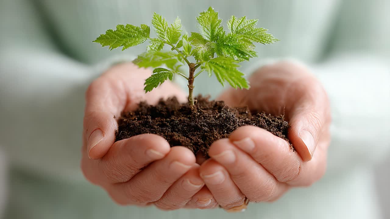 Nurturing Nature: A Close-Up of Hands Cradling a Young Plant, Symbolizing Growth, Care, and Environmental Stewardship in a Gentle Embrace of Soil and Life