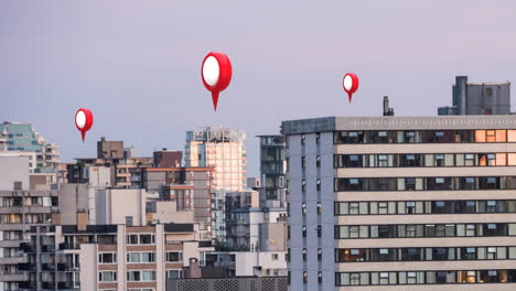 location pins and cityscape