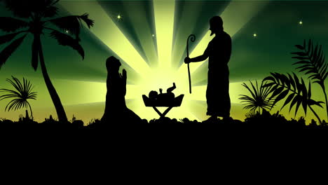 animación de la silueta de la escena de la natividad sobre la estrella fugaz sobre fondo verde