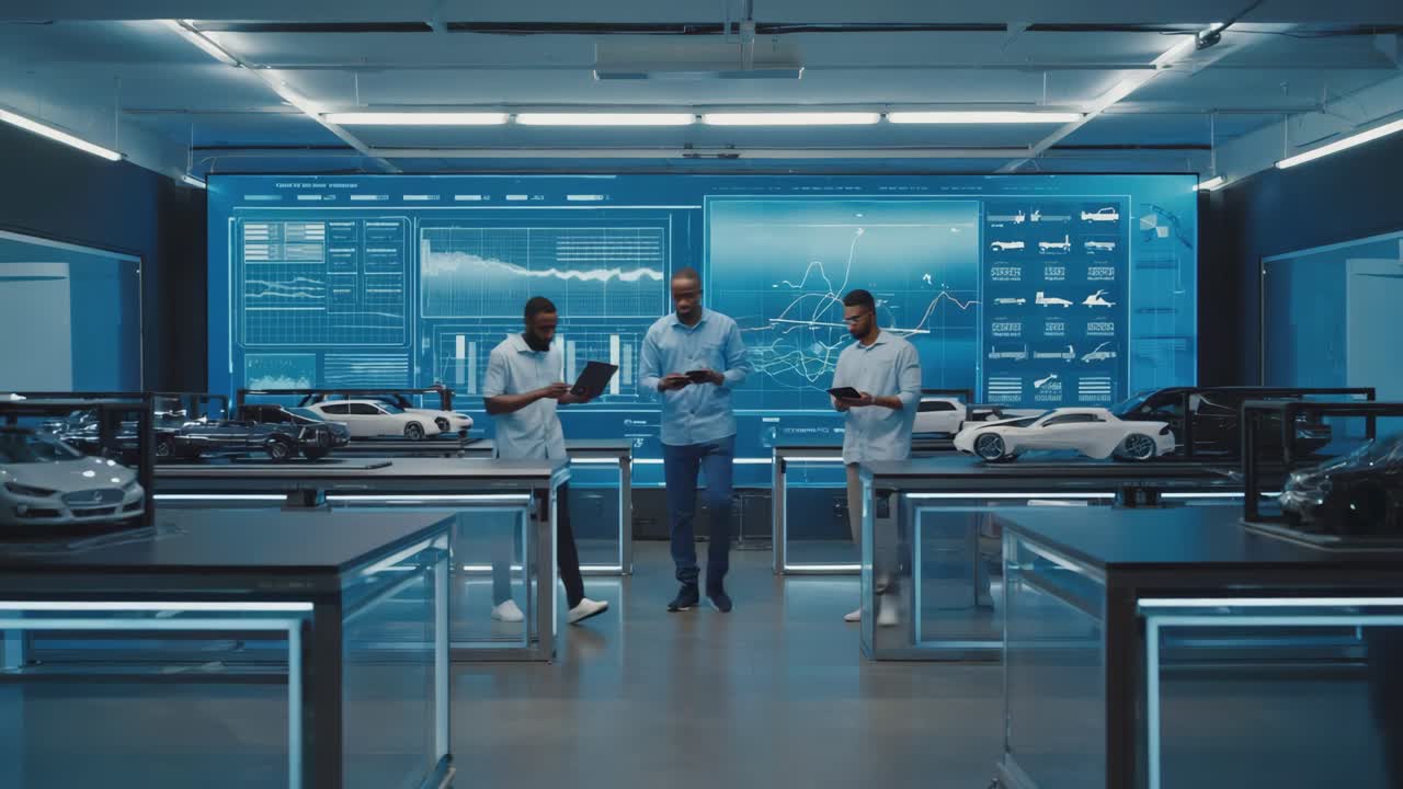 Automotive Design Team Collaborating in a High-Tech Studio with Car Models and Data Displays