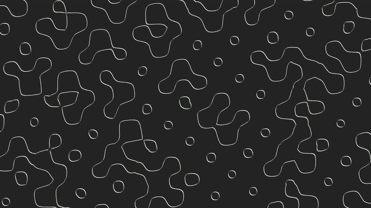A monochromatic intricate design featuring interconnected circles and scattered dots on a black backdrop, creating a seamless and mesmerizing pattern
