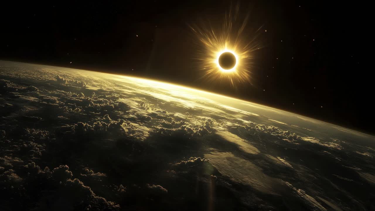 A cinematic video still of a solar eclipse from space, showcasing a dramatic horizon view