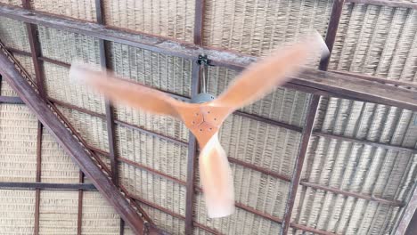 a wooden ceiling fan rotates under a rustic pavilion roof in phuket, thailand, captured in natural daylight