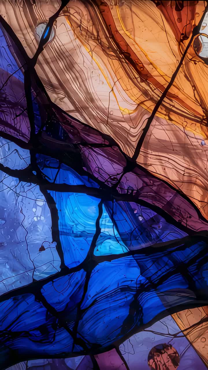 Vertical video: Panning cam showing backlit panel in room, with black veins, amber, blue bubbles