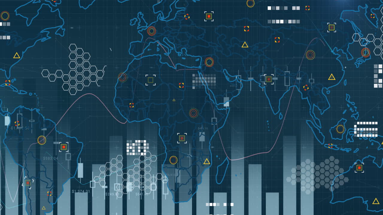 Animation of financial data processing over world map