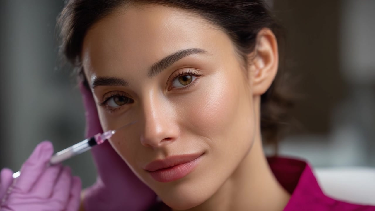 Trattamento di Bellezza Estetico: Primo piano di una donna che riceve un'iniezione facciale per il ringiovanimento in un ambiente professionale.