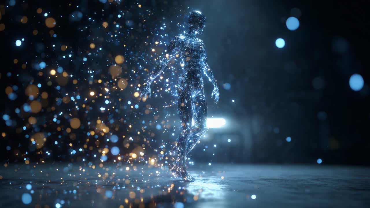 A mesmerizing depiction of a humanoid figure emerging in a cascade of sparkling particles and lights, creating an ethereal visual experience of motion and transformation