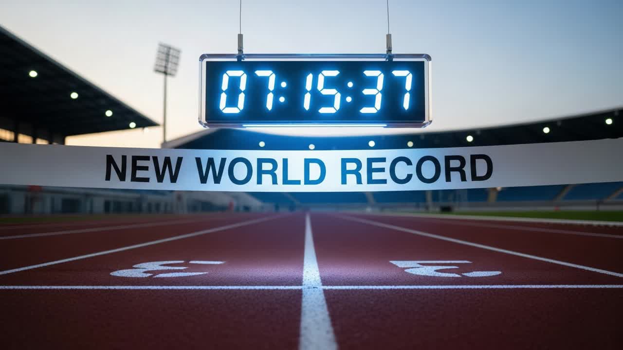 Historic Moment Captured as the Clock Ticks Down to 7:15:31, Signifying a New World Record in Athletics on the Track