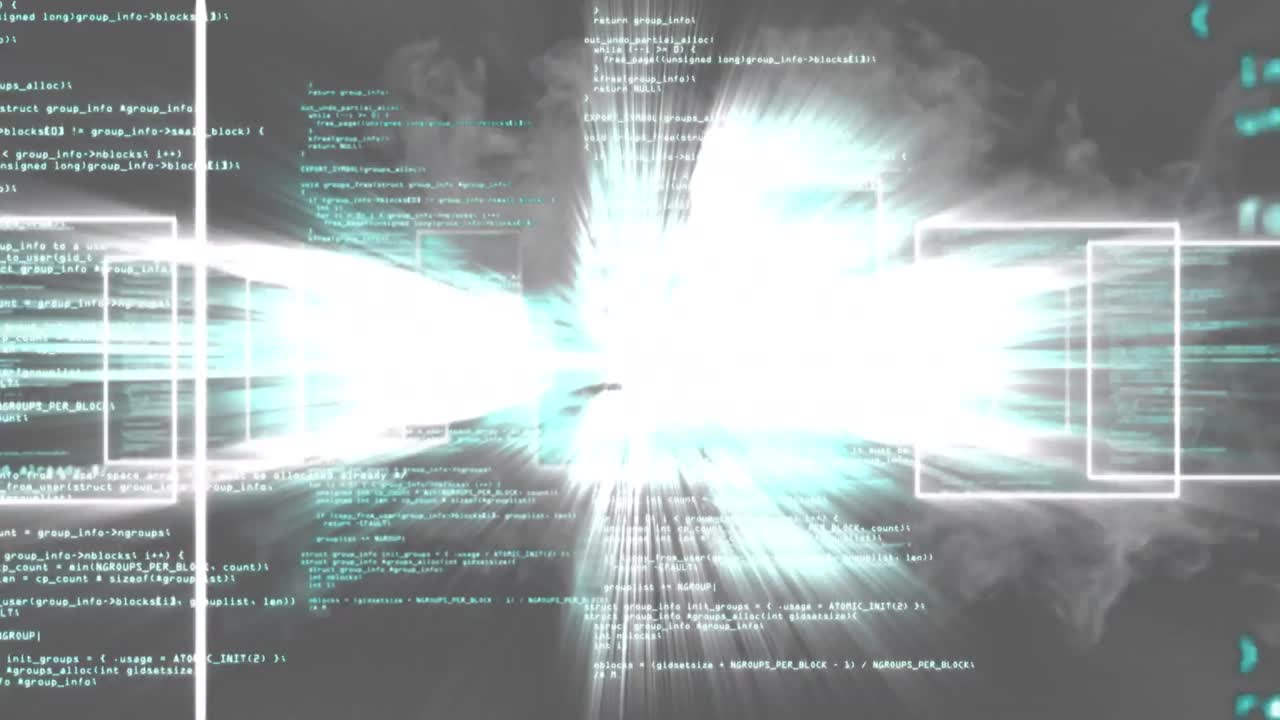 Digital animation of data processing and multiple square shapes against black background