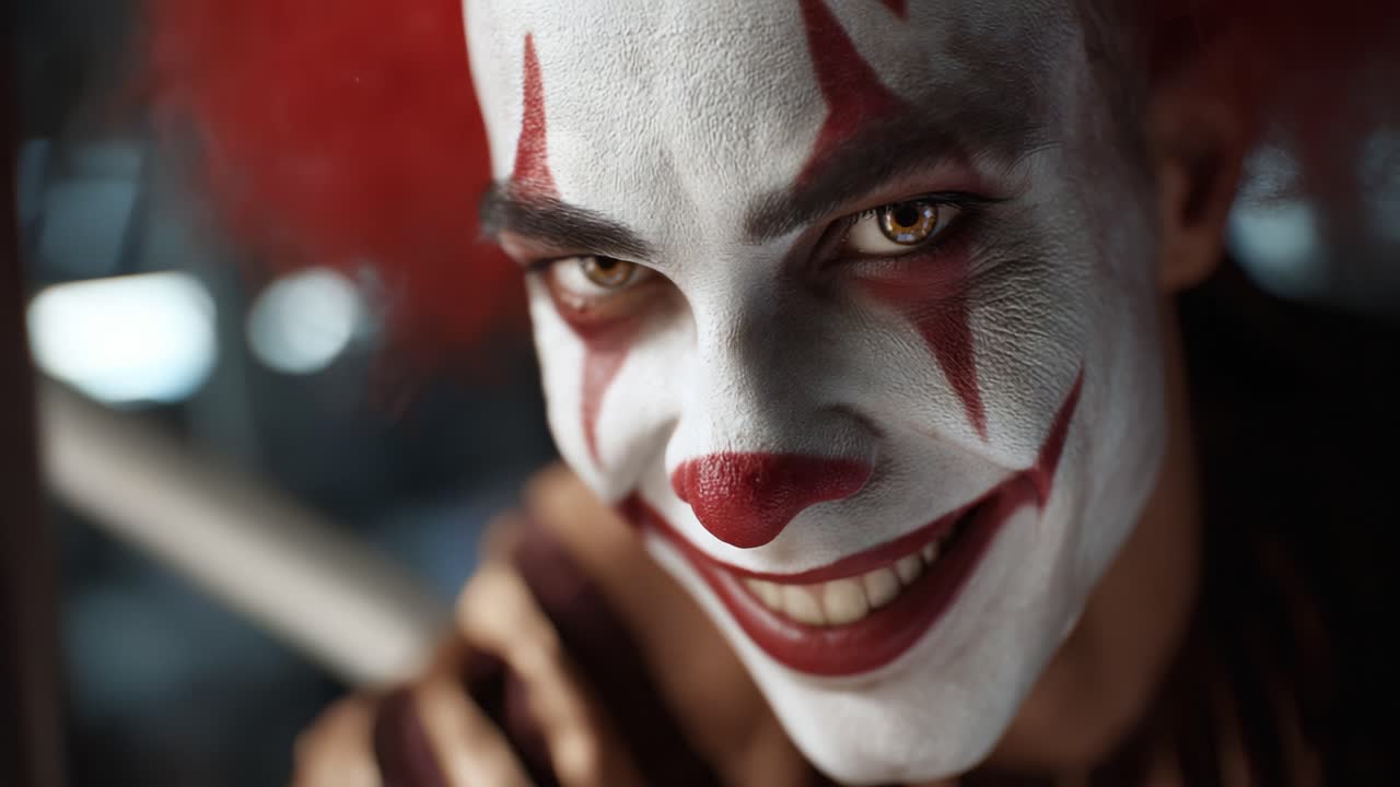 Sinister Clown Smiling with Flamboyant Makeup and Bright Red Hair, Captivating Gaze Enhancing the Eerie Atmosphere of a Clandestine Circus Scene