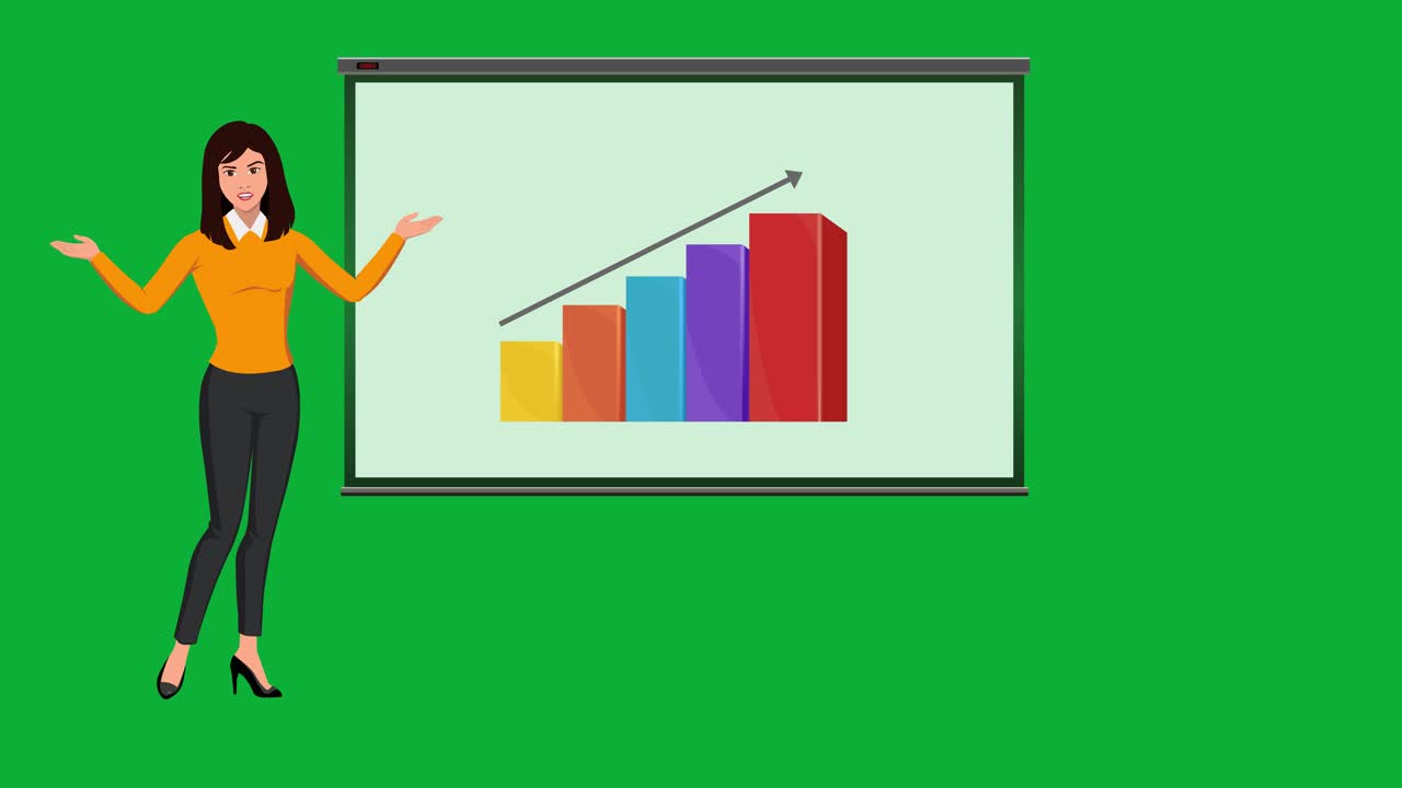 A Smart Casual Dressed Business Lady, Marketer, Trainer or Team Leader Infographic Animation presenting Business Growth on a Screen with Green Screen in the Background