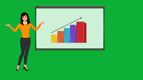 a smart casual dressed business lady, marketer, trainer or team leader infographic animation presenting business growth on a screen with green screen in the background