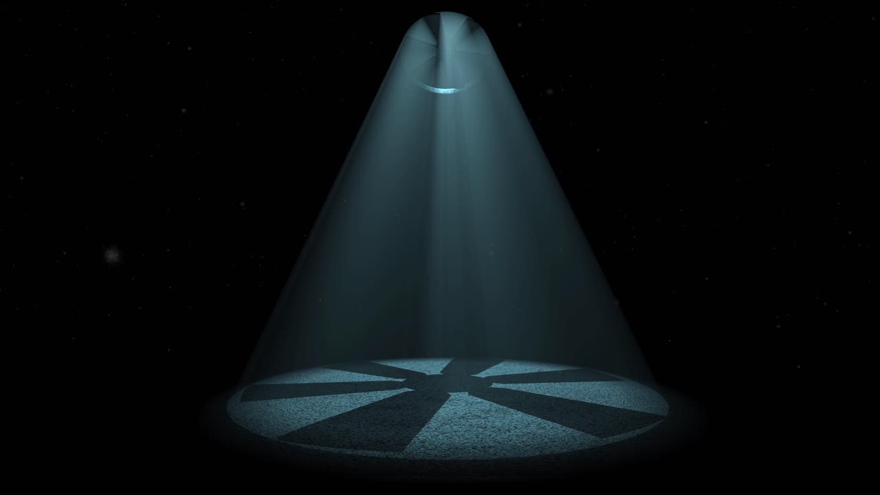 천장에 있는 큰 팬이 어두운 방 바닥에 그림자를 드리우고, 체적 광선이 어두운 방 안의 팬을 통과하는 3d 애니메이션