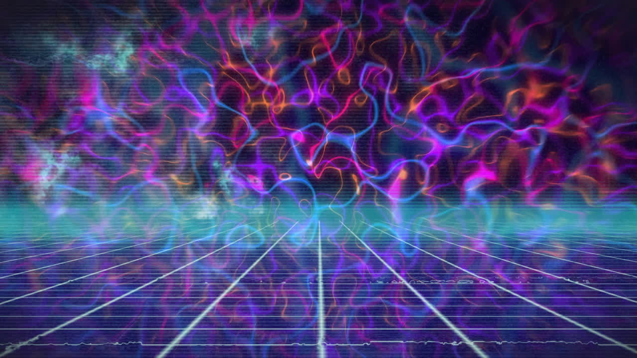 Neon grid floor receding toward horizon, energy waves streaming across cyberpunk glitch landscape