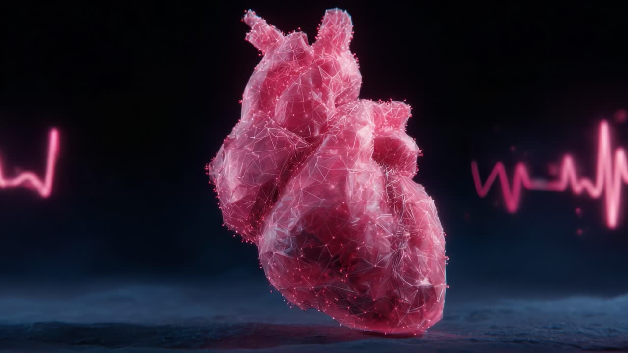 A stunning visualization of a heart beat rendered in a digital style, showcasing the pulsating energy and life of the heart through advanced graphic design techniques
