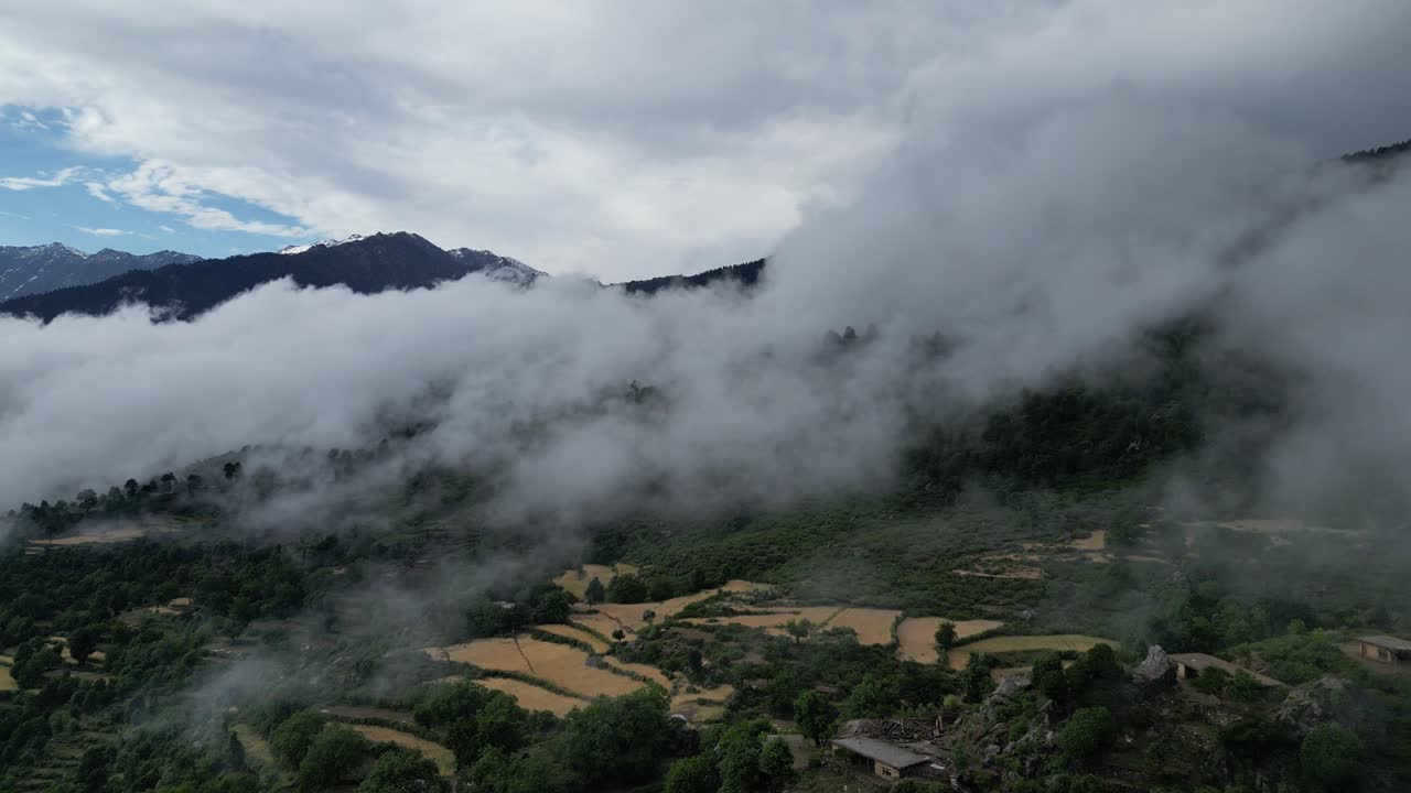 Drone Aerial over Lush forests in cloudy Hindu Kush mountains in Sangar Valley, Afghanistan